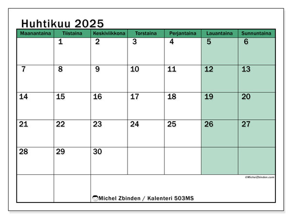Kalenteri huhtikuu 2025, 503MS. Ilmainen tulostettava ohjelma.
