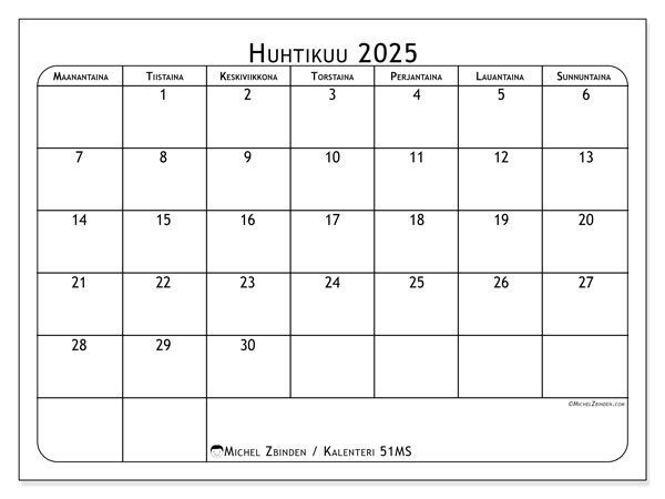 Kalenteri huhtikuu 2025, 51MS. Ilmainen tulostettava ohjelma.