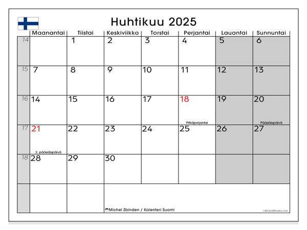 Kalenteri huhtikuu 2025 “Suomi”. Ilmainen tulostettava kartta.. Maanantaista sunnuntaihin