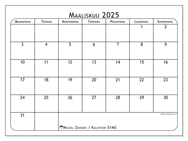 Kalenteri maaliskuu 2025, 51SL. Ilmainen tulostettava kalenteri.