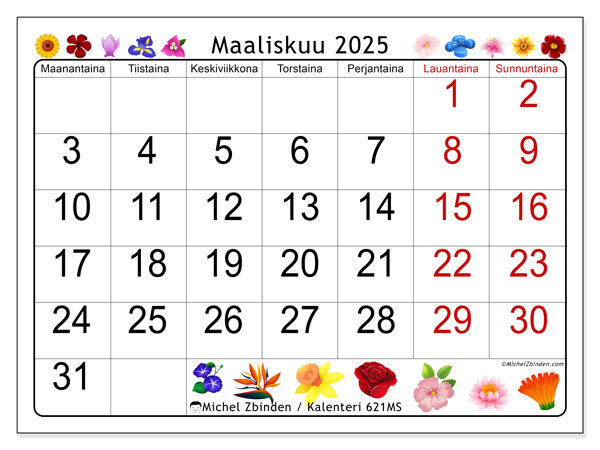 Kalenteri maaliskuu 2025, 621MS. Ilmainen tulostettava kalenteri.