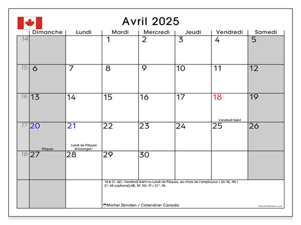Kalender April 2025, Kanada (FR). Programm zum Ausdrucken kostenlos.
