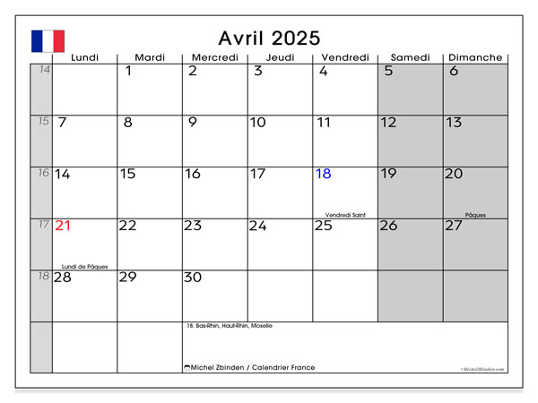Kalenteri huhtikuu 2025, Ranska (FR). Ilmainen tulostettava ohjelma.