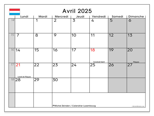 Kalenteri huhtikuu 2025, Luxemburg (FR). Ilmainen tulostettava ohjelma.