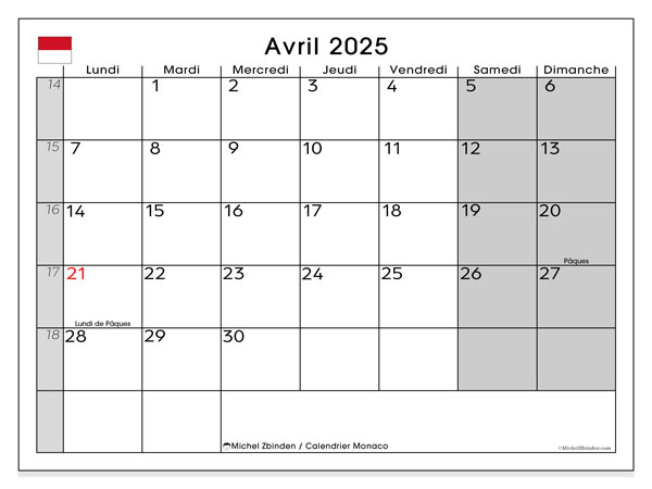 Kalenteri huhtikuu 2025, Monaco (FR). Ilmainen tulostettava ohjelma.