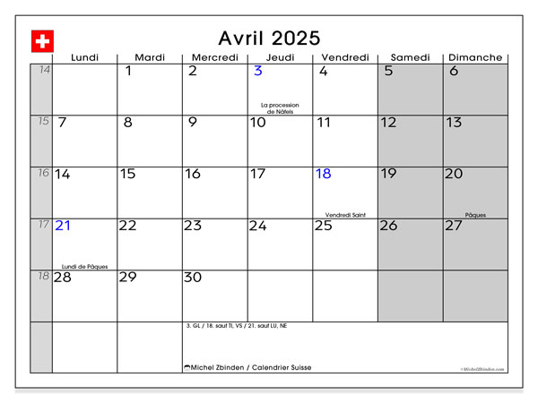 Kalender april 2025, Schweiz (FR). Schema för gratis utskrift.