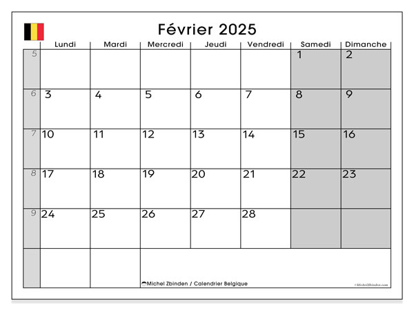 Kalendarz luty 2025, Belgia (FR). Darmowy kalendarz do druku.