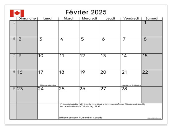 Kalenteri helmikuu 2025, Kanada (FR). Ilmainen tulostettava lehti.