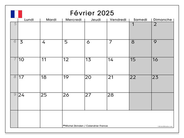 Kalender februari 2025, Frankrijk (FR). Gratis printbaar schema.