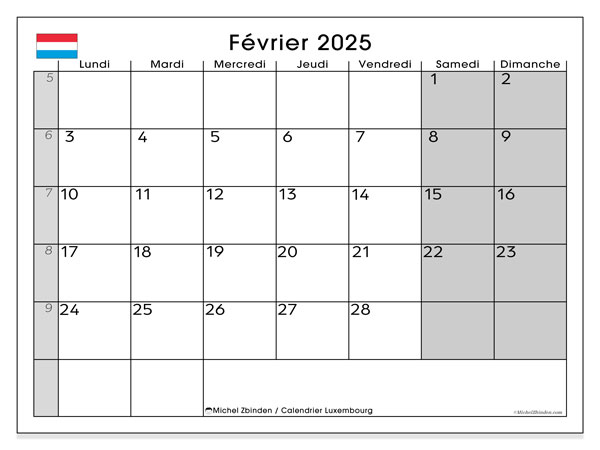 Kalendarz luty 2025, Luksemburg (FR). Darmowy kalendarz do druku.