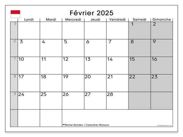 Kalenteri helmikuu 2025, Monaco (FR). Ilmainen tulostettava lehti.