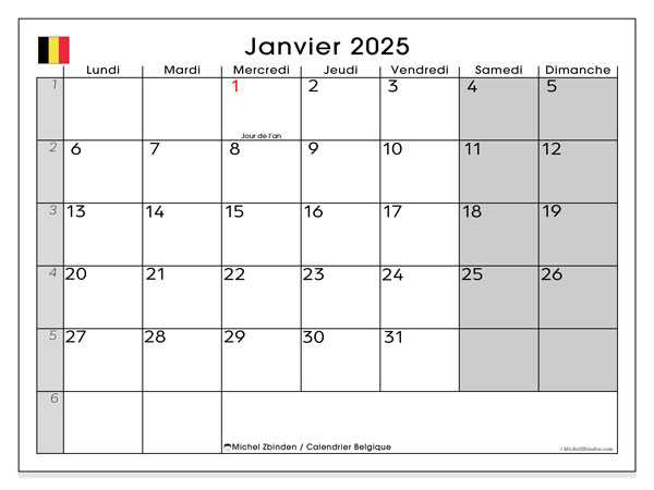 Kalender Januar 2025, Belgien (FR). Plan zum Ausdrucken kostenlos.
