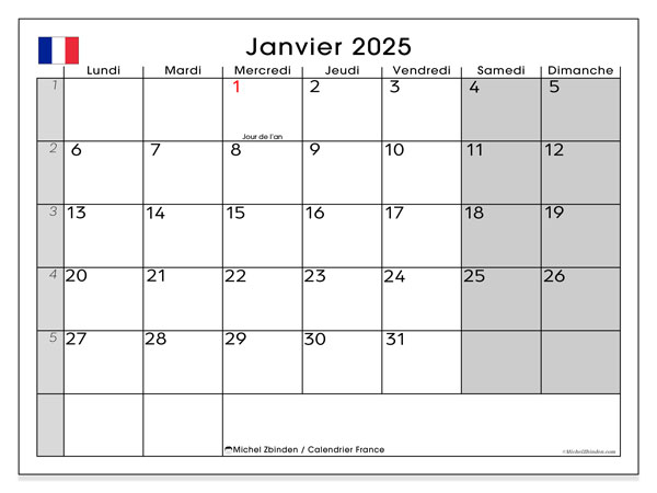 Kalender januari 2025, Frankrike (FR). Gratis utskrivbart program.