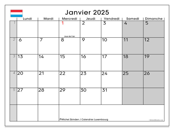Kalender januar 2025, Luxembourg (FR). Gratis program for utskrift.