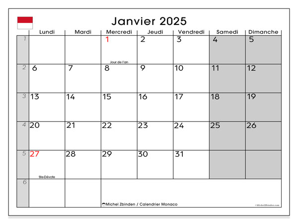 Calendario gennaio 2025, Monaco (FR). Programma da stampare gratuito.