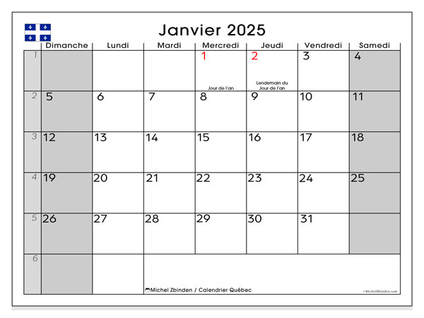 Kalender januari 2025, Quebec (FR). Gratis utskrivbart program.