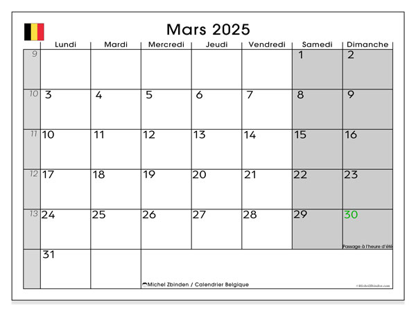 Kalenteri maaliskuu 2025, Belgia (FR). Ilmainen tulostettava ohjelma.
