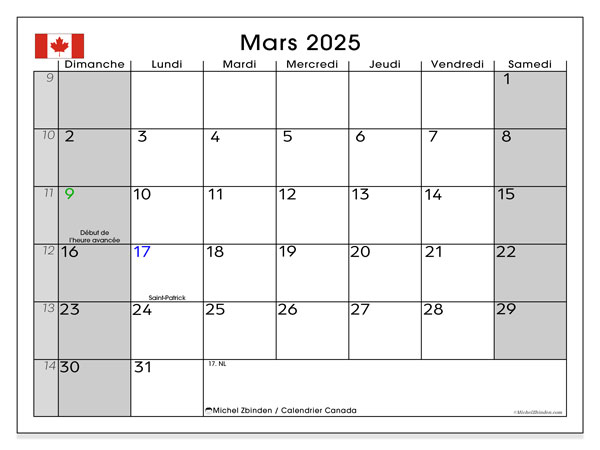 Kalendarz marzec 2025, Kanada (FR). Darmowy kalendarz do druku.