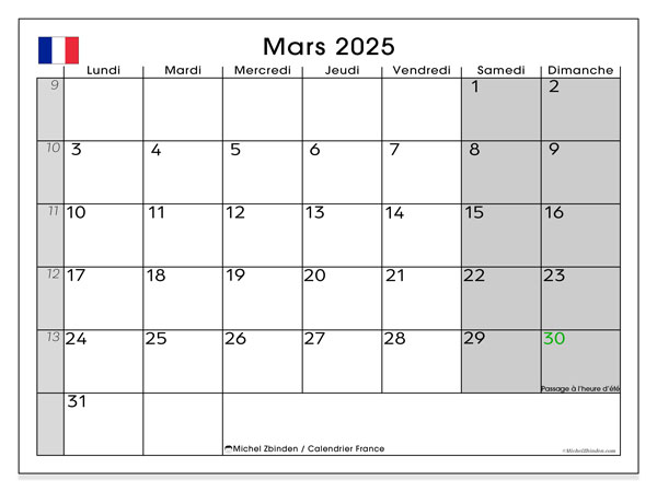 Kalendarz marzec 2025, Francja (FR). Darmowy kalendarz do druku.