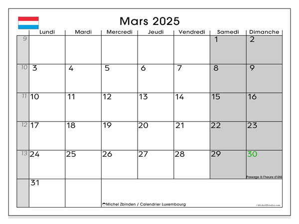 Kalendarz marzec 2025, Luksemburg (FR). Darmowy kalendarz do druku.