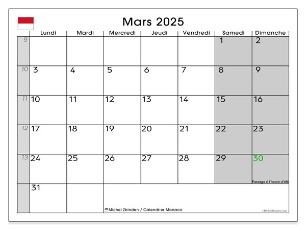 Kalender marts 2025, Monaco (FR). Gratis kalender til print.