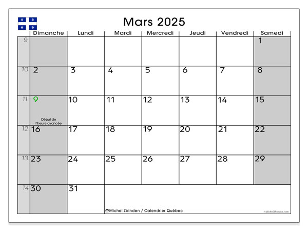 Kalendarz marzec 2025, Quebec (FR). Darmowy kalendarz do druku.