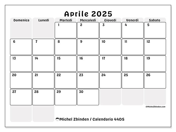 Calendario aprile 2025 “44”. Piano da stampare gratuito.. Da domenica a sabato