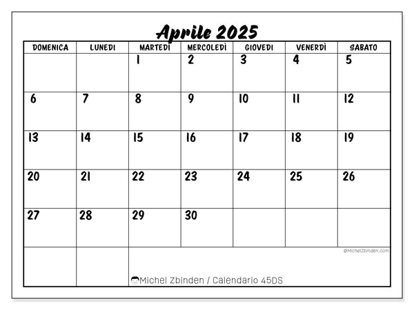 Calendario aprile 2025 “45”. Programma da stampare gratuito.. Da domenica a sabato