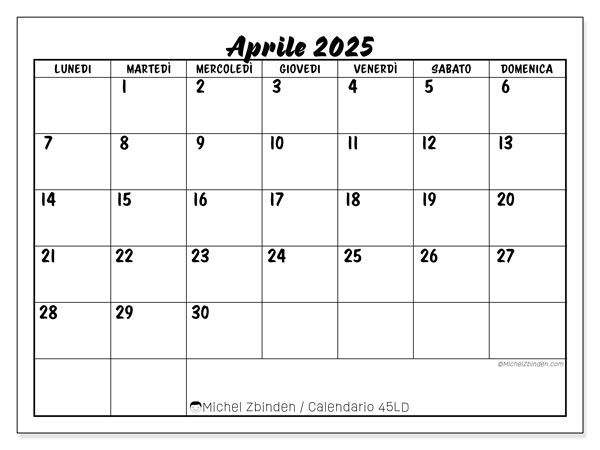 Calendario aprile 2025 “45”. Programma da stampare gratuito.. Da lunedì a domenica