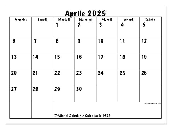 Calendario aprile 2025 “48”. Programma da stampare gratuito.. Da domenica a sabato