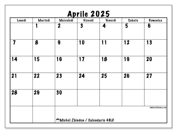 Calendario aprile 2025 “48”. Programma da stampare gratuito.. Da lunedì a domenica