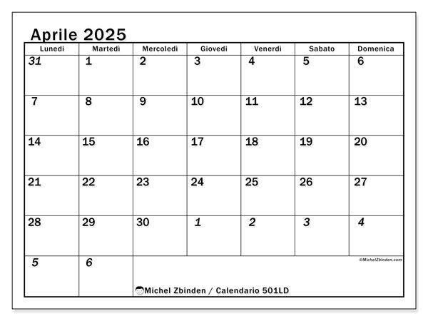 Calendario aprile 2025 “501”. Orario da stampare gratuito.. Da lunedì a domenica