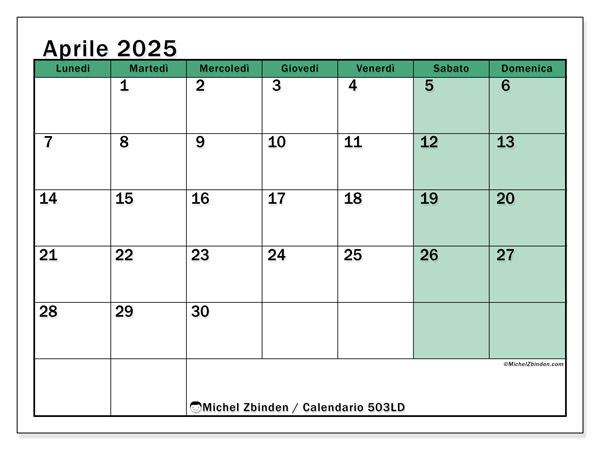Calendario aprile 2025 “503”. Calendario da stampare gratuito.. Da lunedì a domenica