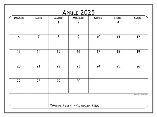 Calendario aprile 2025 “51”. Calendario da stampare gratuito.. Da domenica a sabato