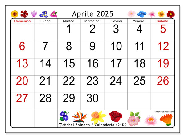 Calendario aprile 2025 “621”. Piano da stampare gratuito.. Da domenica a sabato