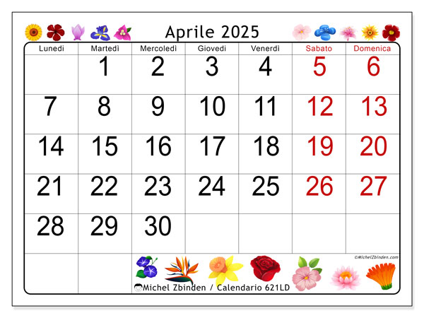 Calendario aprile 2025 “621”. Piano da stampare gratuito.. Da lunedì a domenica