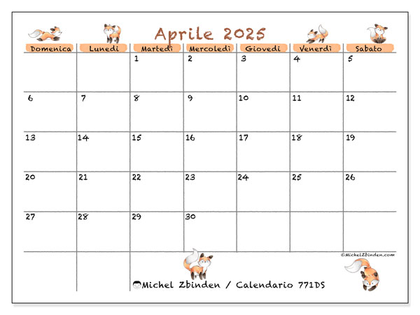 Calendario aprile 2025 “771”. Calendario da stampare gratuito.. Da domenica a sabato