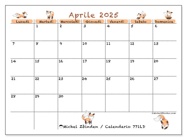 Calendario aprile 2025 “771”. Calendario da stampare gratuito.. Da lunedì a domenica