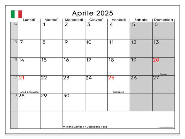 Calendario aprile 2025 “Italia”. Programma da stampare gratuito.. Da lunedì a domenica