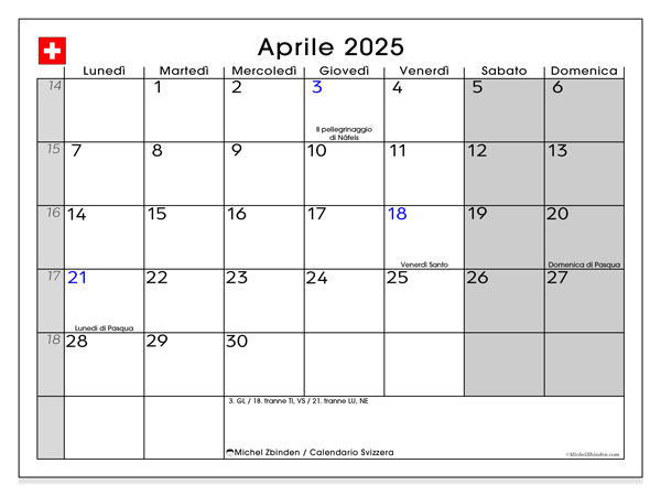 Kalenteri huhtikuu 2025, Sveitsi (IT). Ilmainen tulostettava ohjelma.