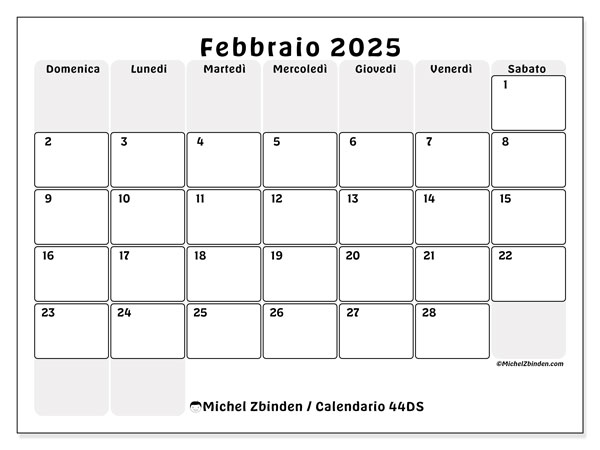 Calendario febbraio 2025 “44”. Piano da stampare gratuito.. Da domenica a sabato