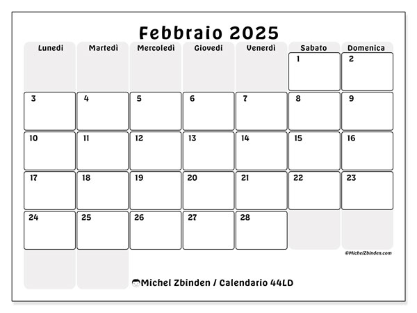 Calendario febbraio 2025 “44”. Piano da stampare gratuito.. Da lunedì a domenica
