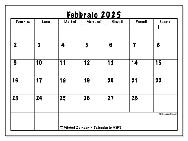 Calendario febbraio 2025 “48”. Calendario da stampare gratuito.. Da domenica a sabato