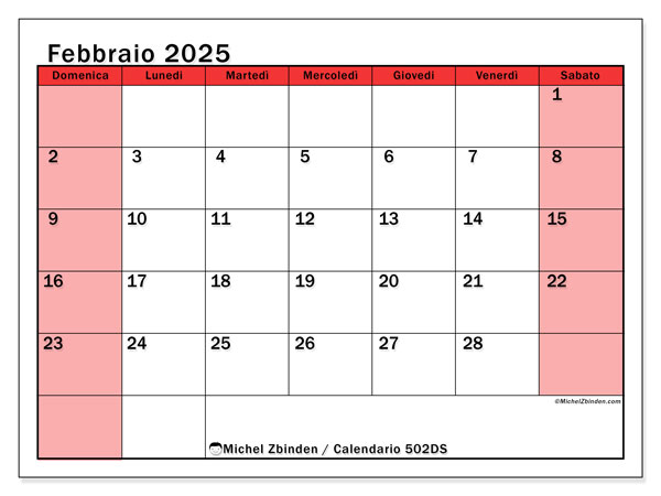 Calendario febbraio 2025 “502”. Orario da stampare gratuito.. Da domenica a sabato