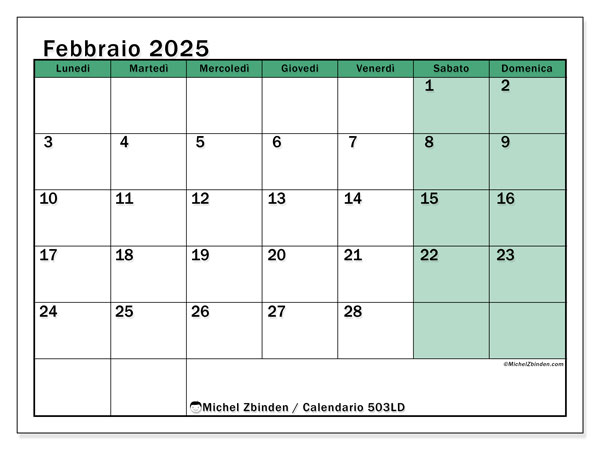 Calendario febbraio 2025 “503”. Piano da stampare gratuito.. Da lunedì a domenica