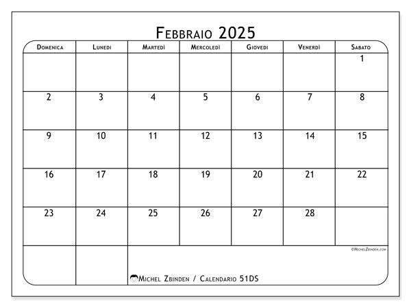 Calendario da stampare, febbraio 2025, 51DS