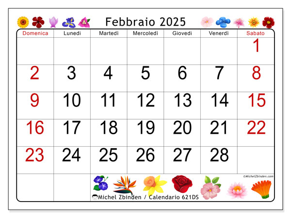 Calendario febbraio 2025 “621”. Piano da stampare gratuito.. Da domenica a sabato