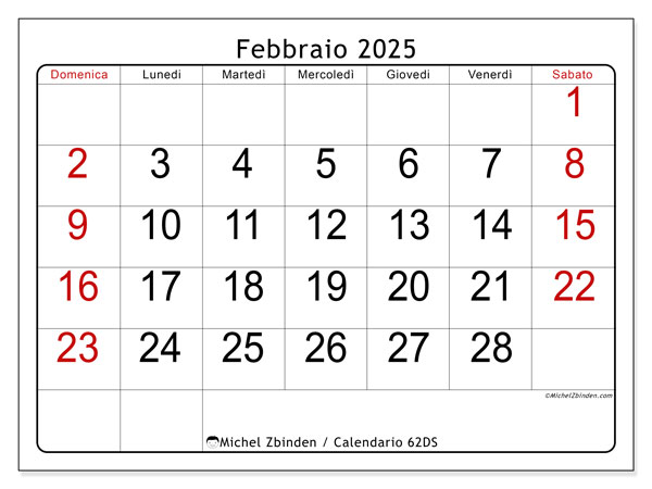 Calendario febbraio 2025 “62”. Orario da stampare gratuito.. Da domenica a sabato