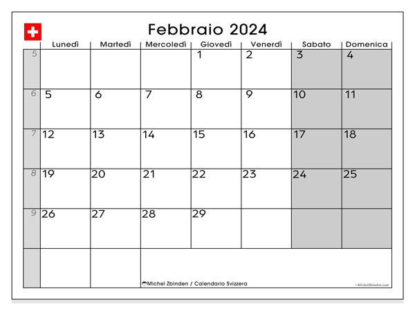 Calendario febbraio 2025 “Svizzera”. Piano da stampare gratuito.. Da lunedì a domenica