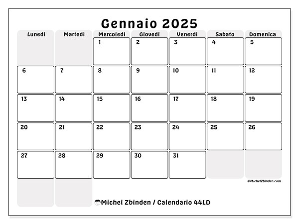 Calendario gennaio 2025 “44”. Piano da stampare gratuito.. Da lunedì a domenica